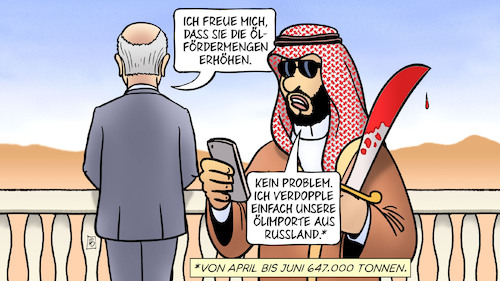 Cartoon: Saudi-Öl aus Russland (medium) by Harm Bengen tagged öl,fördermengen,erhöhen,ölimporte,russland,embargo,präsident,biden,usa,saudi,arabien,nahost,reise,besuch,harm,bengen,cartoon,karikatur,öl,fördermengen,erhöhen,ölimporte,russland,embargo,präsident,biden,usa,saudi,arabien,nahost,reise,besuch,harm,bengen,cartoon,karikatur