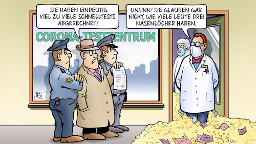 Cartoon: Schnelltest-Abrechnungen (medium) by Harm Bengen tagged abrechnungen,nasenlöcher,testzentrum,betrug,schnelltests,gangster,ganoven,kriminelle,corona,polizei,geld,harm,bengen,cartoon,karikatur,abrechnungen,nasenlöcher,testzentrum,betrug,schnelltests,gangster,ganoven,kriminelle,corona,polizei,geld,harm,bengen,cartoon,karikatur