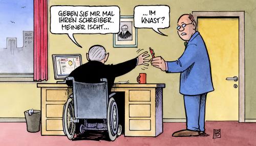 Cartoon: Schreiber (medium) by Harm Bengen tagged schreiber,waffenlobby,waffenlobyist,lobby,lobbyist,schäuble,spendenaffäre,cdu,csu,augsburg,wahl,wahlkampf,untersuchungshaft,haftbefehl,untersuchungsausschuß,schreiber,justiz,waffenlobby,lobby,lobbyist,spendenaffäre,cdu,csu,augsburg,wahl,wahlen,wahlkampf,untersuchungshaft,haftbefehl,untersuchungsausschuß