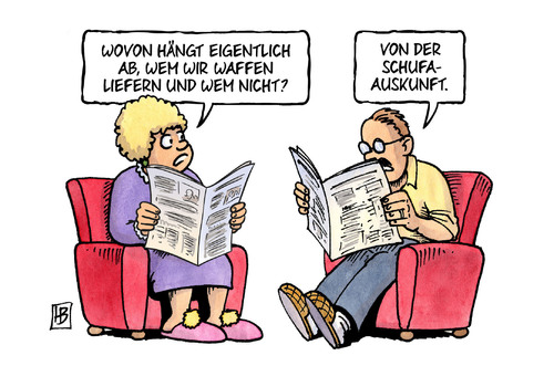 Cartoon: Schufa-Auskunft (medium) by Harm Bengen tagged schufa,auskunft,schufaauskunft,geld,tod,diskussion,waffen,waffenexporte,deutschland,ruestung,ruestungsexporte,harm,bengen,cartoon,karikatur,schufa,auskunft,schufaauskunft,geld,tod,diskussion,waffen,waffenexporte,deutschland,ruestung,ruestungsexporte,harm,bengen,cartoon,karikatur