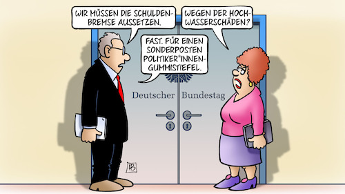 Cartoon: Schuldenbremse und Gummistiefel (medium) by Harm Bengen tagged schuldenbremse,aussetzen,hochwasserschäden,politiker,gummistiefel,bundestag,regen,dauerregen,hochwasser,harm,bengen,cartoon,karikatur,schuldenbremse,aussetzen,hochwasserschäden,politiker,gummistiefel,bundestag,regen,dauerregen,hochwasser,harm,bengen,cartoon,karikatur