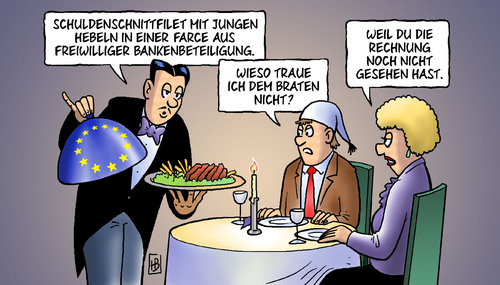 Cartoon: Schuldenschnittfilet (medium) by Harm Bengen tagged schuldenschnitt,griechen,griechenland,gipfel,merkel,sarkozy,deutschland,frankreich,ezb,banken,hebel,rettungsschirm,efsf,eu,euro,eurokrise,finanzminister,schirm,kredithebel,kredit,schulden,aufstockung,schuldenkrise,krise,anleihen,stabilisierung,schuldenschnitt,griechen,griechenland,gipfel,merkel,sarkozy,deutschland,frankreich,rettungsschirm,efsf,eu,euro