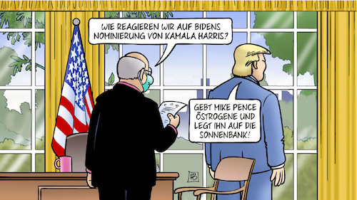 Cartoon: Schwarze Vize (medium) by Harm Bengen tagged biden,nominierung,kamala,harris,trump,pence,östrogene,sonnenbank,oval,office,wahlkampf,harm,bengen,cartoon,karikatur,biden,nominierung,kamala,harris,trump,pence,östrogene,sonnenbank,oval,office,wahlkampf,harm,bengen,cartoon,karikatur