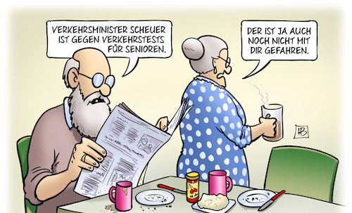 Cartoon: Senioren-Verkehrstests (medium) by Harm Bengen tagged verkehrsminister,scheuer,verkehrstests,senioren,automobil,fahren,strassenverkehr,susemil,harm,bengen,cartoon,karikatur,verkehrsminister,scheuer,verkehrstests,senioren,automobil,fahren,strassenverkehr,susemil,harm,bengen,cartoon,karikatur