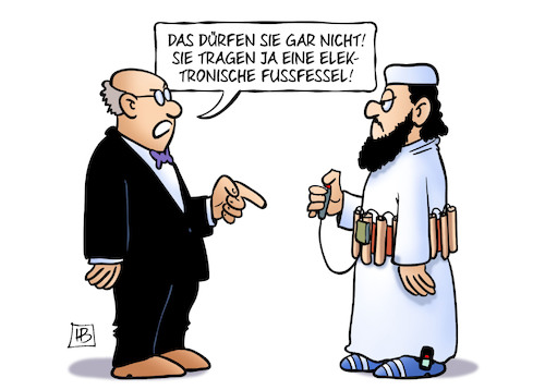 Cartoon: Sicherheit durch Fussfessel (medium) by Harm Bengen tagged elektronische,fussfessel,innere,sicherheit,islamist,terrorist,sprengstoff,anschlag,harm,bengen,cartoon,karikatur,elektronische,fussfessel,innere,sicherheit,islamist,terrorist,sprengstoff,anschlag,harm,bengen,cartoon,karikatur