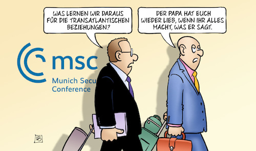 Cartoon: Siko-Lehren (medium) by Harm Bengen tagged siko,transatlantische,beziehungen,papa,trump,europäer,liebe,usa,außenminister,rubio,msc,münchner,sicherheitskonferenz,koffer,harm,bengen,cartoon,karikatur,siko,transatlantische,beziehungen,papa,trump,europäer,liebe,usa,außenminister,rubio,msc,münchner,sicherheitskonferenz,koffer,harm,bengen,cartoon,karikatur