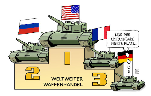 Cartoon: Sipri Waffenhandel (medium) by Harm Bengen tagged sipri,waffenhandel,rüstungsexporte,usa,russland,frankreich,deutschland,panzer,podest,undankbarer,vierter,platz,sieger,gewinner,verlierer,harm,bengen,cartoon,karikatur,sipri,waffenhandel,rüstungsexporte,usa,russland,frankreich,deutschland,panzer,podest,undankbarer,vierter,platz,sieger,gewinner,verlierer,harm,bengen,cartoon,karikatur