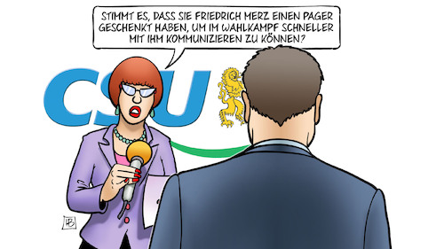 Cartoon: Söder-Merz-Kommunikation (medium) by Harm Bengen tagged pager,hisbollah,israel,libanon,wahlkampf,kommunizieren,merz,söder,kandidatur,kanzlerkandidat,cdu,csu,interview,feindschaft,harm,bengen,cartoon,karikatur,pager,hisbollah,israel,libanon,wahlkampf,kommunizieren,merz,söder,kandidatur,kanzlerkandidat,cdu,csu,interview,feindschaft,harm,bengen,cartoon,karikatur