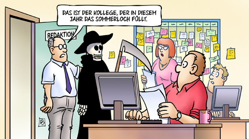 Cartoon: Sommerloch 2014 (medium) by Harm Bengen tagged kollege,sommerloch,redaktion,tod,horrormeldungen,harm,bengen,cartoon,karikatur,kollege,sommerloch,redaktion,tod,horrormeldungen,harm,bengen,cartoon,karikatur