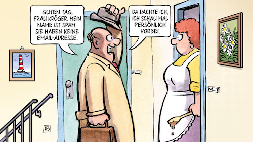 Cartoon: Spam-Aufkommen gestiegen (medium) by Harm Bengen tagged herr,spam,email,adresse,werbung,internet,hausbesuch,harm,bengen,cartoon,karikatur,herr,spam,email,adresse,werbung,internet,hausbesuch,harm,bengen,cartoon,karikatur