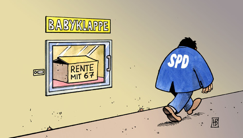 Cartoon: SPD und Rente mit 67 (medium) by Harm Bengen tagged spd,rente,67,umkehr,gabriel,steinmeier,beck,babyklappe,trennung,spd,rente,67,umkehr,gabriel,steinmeier,beck,babyklappe,trennung,rentner,rentenempfänger,geld,einkommen