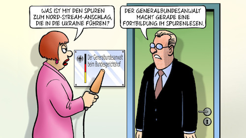 Cartoon: Spuren in die Ukraine (medium) by Harm Bengen tagged generalbundesanwalt,fortbildung,spurenlesen,nordstream,anschlag,sprengung,krieg,ukraine,russland,harm,bengen,cartoon,karikatur,generalbundesanwalt,fortbildung,spurenlesen,nordstream,anschlag,sprengung,krieg,ukraine,russland,harm,bengen,cartoon,karikatur