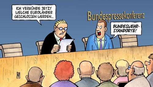 Cartoon: Standortschließung (medium) by Harm Bengen tagged standortschließung,standorte,bundeswehr,schließung,verteidigungsminister,bundespressekonferenz,standortschließung,standorte,bundeswehr,schließung,verteidigungsminister,bundespressekonferenz