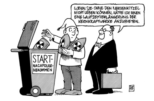 Cartoon: START-Abkommen (medium) by Harm Bengen tagged start,abkommen,usa,russland,deutschland,atomwaffen,frieden,atomkraftwerke,atomkraft,kernkraft,laufzeit,verlägern,abrüstung,entsorgung,atommuell,waffen,krieg