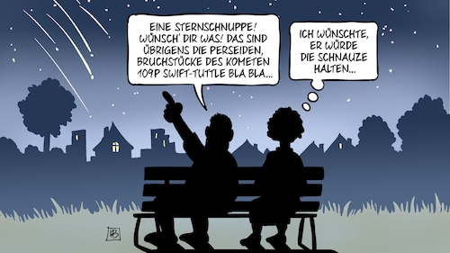 Cartoon: Sternschnuppen (medium) by Harm Bengen tagged sternschnuppen,perseiden,bruchstücke,komet,109p,swift,tuttle,nacht,romantik,wunsch,schnauze,halten,harm,bengen,cartoon,karikatur,sternschnuppen,perseiden,bruchstücke,komet,109p,swift,tuttle,nacht,romantik,wunsch,schnauze,halten,harm,bengen,cartoon,karikatur