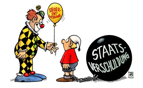 Cartoon: Steuersenkung vs. Staatsverschul (medium) by Harm Bengen tagged steuersenkung,entlastung,steuerentlastung,staatsverschuldung,staatsschulden,steuer,senkung,verschuldung,schulden,clown,ballon,luftballon,kind,kugel,gefangen,gebunden,koalition,bundesregierung,merkel,steuersenkung,entlastung,steuerentlastung,staatsverschuldung,staatsschulden,steuer,ballon,clown,luftballon,kugel,gefangen,gebunden,schulden,verschuldung