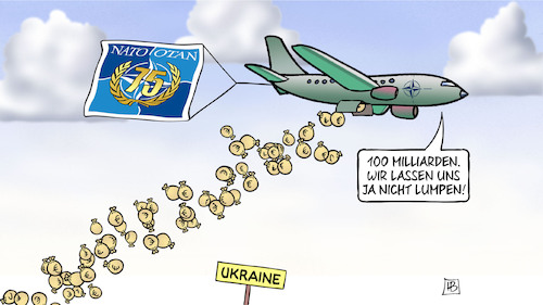 Cartoon: Stoltenbergs Ukraine-Paket (medium) by Harm Bengen tagged 100,milliarden,stoltenberg,nato,jubiläum,75,ukraine,flugzeug,geldsäcke,abwurf,krieg,russland,harm,bengen,cartoon,karikatur,100,milliarden,stoltenberg,nato,jubiläum,75,ukraine,flugzeug,geldsäcke,abwurf,krieg,russland,harm,bengen,cartoon,karikatur