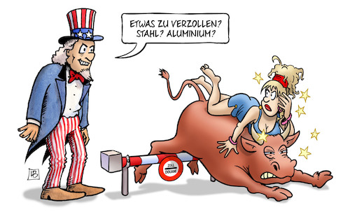 Cartoon: Strafzollschranke (medium) by Harm Bengen tagged strafzollschranke,grenze,verzollen,stahl,aluminium,usa,europa,stier,schlagbaum,handelskrieg,uncle,sam,harm,bengen,cartoon,karikatur,strafzollschranke,grenze,verzollen,stahl,aluminium,usa,europa,stier,schlagbaum,handelskrieg,uncle,sam,harm,bengen,cartoon,karikatur