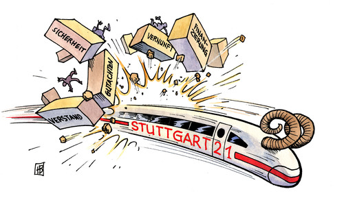 Cartoon: Stuttgart 21 (medium) by Harm Bengen tagged stuttgart,21,rammbock,durchsetzen,bahnhof,kopfbahnhof,abriß,protest,demonstration,ice,schnelltrasse,gutachten,sicherheit,finanzierung,vernunft,gewalt,widder,durchbruch,abbruch,grube,ramsauer,stuttgart 21,verkehr,demonstration,protest,abriss,bahn,grosskundgebung,bürger,politik,stuttgart,21rammbock,durchsetzen,bahnhof,kopfbahnhof,abriß,schnelltrasse,finanzierung,vernunft,sicherheit,db,21