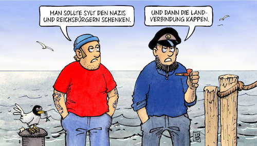 Cartoon: Sylt verschenken (medium) by Harm Bengen tagged nazis,reichsbürger,verschenken,schenken,landverbindung,kappen,see,meer,party,hits,rassistische,gesänge,naziparolen,sylt,feiern,harm,bengen,cartoon,karikatur,nazis,reichsbürger,verschenken,schenken,landverbindung,kappen,see,meer,party,hits,rassistische,gesänge,naziparolen,sylt,feiern,harm,bengen,cartoon,karikatur