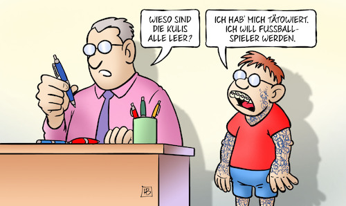 Cartoon: Tätowiert (medium) by Harm Bengen tagged kulis,kugelschreiber,leer,tätowieren,fussballspieler,mode,kind,vater,em,europameisterschaft,fussball,harm,bengen,cartoon,karikatur,kulis,kugelschreiber,leer,tätowieren,fussballspieler,mode,kind,vater,em,europameisterschaft,fussball,harm,bengen,cartoon,karikatur