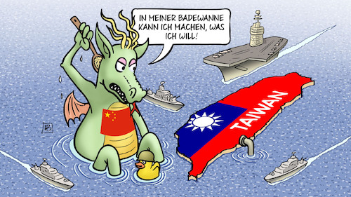 Cartoon: Taiwan-Bad (medium) by Harm Bengen tagged drache,badewanne,manöver,meer,wasser,marine,baden,taiwan,china,provokation,usa,harm,bengen,cartoon,karikatur,drache,badewanne,manöver,meer,wasser,marine,baden,taiwan,china,provokation,usa,harm,bengen,cartoon,karikatur