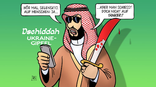 Cartoon: Tankerangriff (medium) by Harm Bengen tagged selenskyj,tanker,angriff,öl,dschiddah,saudi,arabien,bin,salman,handy,friedens,gipfel,russland,ukraine,krieg,harm,bengen,cartoon,karikatur,selenskyj,tanker,angriff,öl,dschiddah,saudi,arabien,bin,salman,handy,friedens,gipfel,russland,ukraine,krieg,harm,bengen,cartoon,karikatur