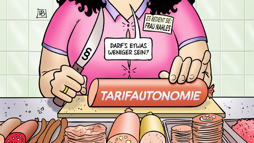 Cartoon: Tarifeinheit (medium) by Harm Bengen tagged tarifautonomie,tarifeinheit,gesetz,nahles,bundesarbeitsministerin,fleischerei,schlachterei,messer,gewerkschaft,gdl,cockpit,marburger,bund,kleingewerkschaften,dgb,streik,arbeitskampf,harm,bengen,cartoon,karikatur,tarifautonomie,tarifeinheit,gesetz,nahles,bundesarbeitsministerin,fleischerei,schlachterei,messer,gewerkschaft,gdl,cockpit,marburger,bund,kleingewerkschaften,dgb,streik,arbeitskampf,harm,bengen,cartoon,karikatur