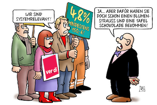 Cartoon: Tarifverhandlungen in C-Zeiten (medium) by Harm Bengen tagged tarifverhandlungen,gewerkschaft,verdi,systemrelevant,coronakrise,blumenstrauss,tafel,schokolade,arbeitgeber,öffentlicher,dienst,harm,bengen,cartoon,karikatur,tarifverhandlungen,gewerkschaft,verdi,systemrelevant,coronakrise,blumenstrauss,tafel,schokolade,arbeitgeber,öffentlicher,dienst,harm,bengen,cartoon,karikatur