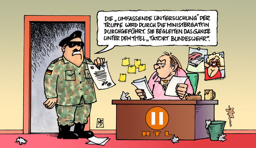 Cartoon: Tatort Bundeswehr (medium) by Harm Bengen tagged tatort,bundeswehr,verteidigungsminister,guttenberg,csu,gattin,ehefrau,untersuchung,skandal,rtl,rtl2,medien,gorch,fock,afghanistan,feldpost,tatort,bundeswehr,verteidigungsminister,guttenberg,csu,gattin,ehefrau,untersuchung,skandal,rtl,medien,gorch,fock,afghanistan,feldpost
