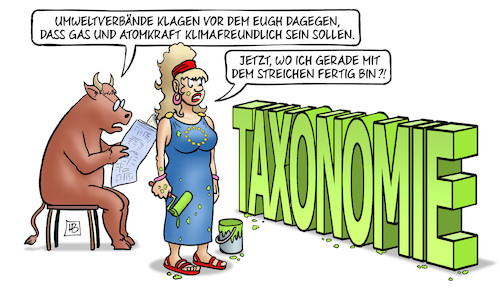 Cartoon: Taxonomie in Grün (medium) by Harm Bengen tagged umweltverbände,klagen,eugh,gas,atomkraft,klimafreundlich,streichen,farben,taxonomie,euroa,eu,stier,harm,bengen,cartoon,karikatur,umweltverbände,klagen,eugh,gas,atomkraft,klimafreundlich,streichen,farben,taxonomie,euroa,eu,stier,harm,bengen,cartoon,karikatur