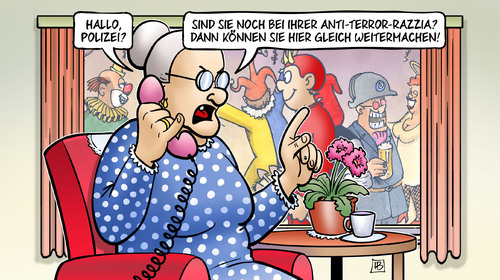 Cartoon: Terror-Razzia (medium) by Harm Bengen tagged polizei,terror,razzia,karneval,fasching,feiern,laut,susemil,telefon,harm,bengen,cartoon,karikatur,polizei,terror,razzia,karneval,fasching,feiern,laut,susemil,telefon,harm,bengen,cartoon,karikatur