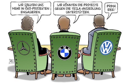 Cartoon: Tesla-Ansiedlung (medium) by Harm Bengen tagged vw,bmw,daimler,mercedes,öko,projekte,engagieren,proteste,tesla,ansiedlung,fabrik,brandenburg,eautos,automobilindustrie,harm,bengen,cartoon,karikatur,vw,bmw,daimler,mercedes,öko,projekte,engagieren,proteste,tesla,ansiedlung,fabrik,brandenburg,eautos,automobilindustrie,harm,bengen,cartoon,karikatur