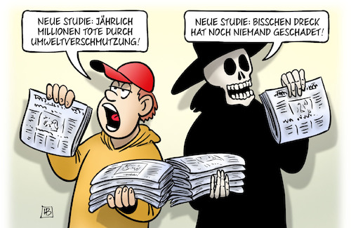 Cartoon: Tod durch Umweltverschmutzung (medium) by Harm Bengen tagged studie,millionen,tote,umweltverschmutzung,dreck,schaden,tod,zeitungsjunge,harm,bengen,cartoon,karikatur,studie,millionen,tote,umweltverschmutzung,dreck,schaden,tod,zeitungsjunge,harm,bengen,cartoon,karikatur