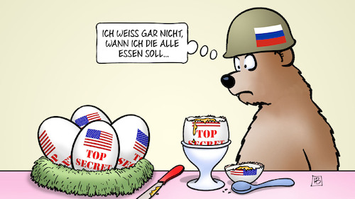 Cartoon: Top-Secret-Leaks (medium) by Harm Bengen tagged top,secret,leaks,ostern,ostereier,osternest,essen,baer,krieg,ukraine,russland,harm,bengen,cartoon,karikatur,top,secret,leaks,ostern,ostereier,osternest,essen,baer,krieg,ukraine,russland,harm,bengen,cartoon,karikatur