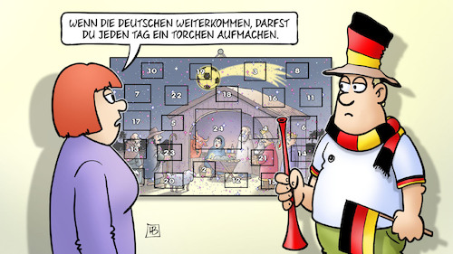 Cartoon: Torchen aufmachen (medium) by Harm Bengen tagged weiterkommen,torchen,aufmachen,adventskalender,wm,weltmeisterschaft,fussball,katar,harm,bengen,cartoon,karikatur,weiterkommen,torchen,aufmachen,adventskalender,wm,weltmeisterschaft,fussball,katar,harm,bengen,cartoon,karikatur