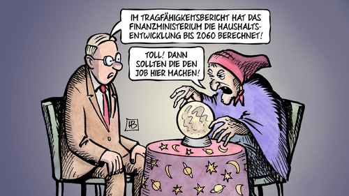 Cartoon: Tragfähigkeitsbericht (medium) by Harm Bengen tagged tragfähigkeitsbericht,finanzministerium,haushaltsentwicklung,2060,berechnet,berechnung,zukunft,hellseherin,wahrsagerin,zauberei,harm,bengen,cartoon,karikatur,tragfähigkeitsbericht,finanzministerium,haushaltsentwicklung,2060,berechnet,berechnung,zukunft,hellseherin,wahrsagerin,zauberei,harm,bengen,cartoon,karikatur