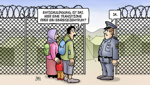 Cartoon: Transit oder Einreise - Version1 (medium) by Harm Bengen tagged transitzone,einreisezentrum,namen,donnerstag,lager,spd,cdu,csu,groko,polizei,bundespolizei,flüchtlinge,flucht,grenze,asyl,harm,bengen,cartoon,karikatur,transitzone,einreisezentrum,namen,donnerstag,lager,spd,cdu,csu,groko,polizei,bundespolizei,flüchtlinge,flucht,grenze,asyl,harm,bengen,cartoon,karikatur