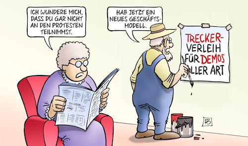 Cartoon: Trecker für alle (medium) by Harm Bengen tagged proteste,bauern,demonstrationen,trecker,verleih,harm,bengen,cartoon,karikatur,proteste,bauern,demonstrationen,trecker,verleih,harm,bengen,cartoon,karikatur