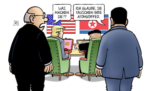 Cartoon: Treffen Trump-Kim (medium) by Harm Bengen tagged treffen,trump,kim,tauschen,atomkoffer,usa,nordkorea,krieg,frieden,harm,bengen,cartoon,karikatur,treffen,trump,kim,tauschen,atomkoffer,usa,nordkorea,krieg,frieden,harm,bengen,cartoon,karikatur