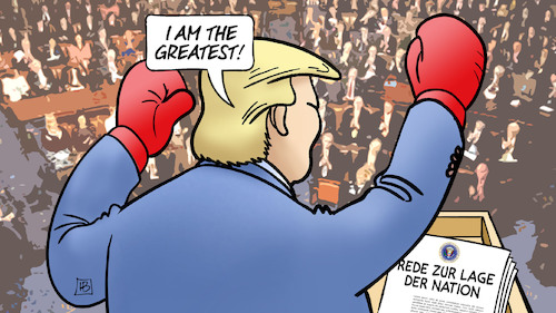 Cartoon: Trump State of the Union (medium) by Harm Bengen tagged trump,greatest,muhammad,ali,boxen,boxhandschuhe,state,of,the,union,rede,lage,der,nation,harm,bengen,cartoon,karikatur,trump,greatest,muhammad,ali,boxen,boxhandschuhe,state,of,the,union,rede,lage,der,nation,harm,bengen,cartoon,karikatur