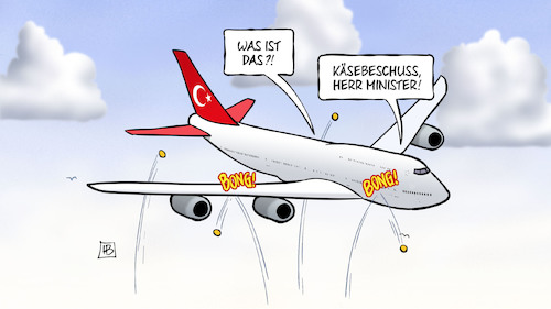 Cartoon: Türkei-Käsebeschuss (medium) by Harm Bengen tagged käsebeschuss,flugzeug,auftrittsverbote,erdogan,wahlkampf,türkei,niederlande,holland,ministerin,harm,bengen,cartoon,karikatur,käsebeschuss,flugzeug,auftrittsverbote,erdogan,wahlkampf,türkei,niederlande,holland,ministerin,harm,bengen,cartoon,karikatur