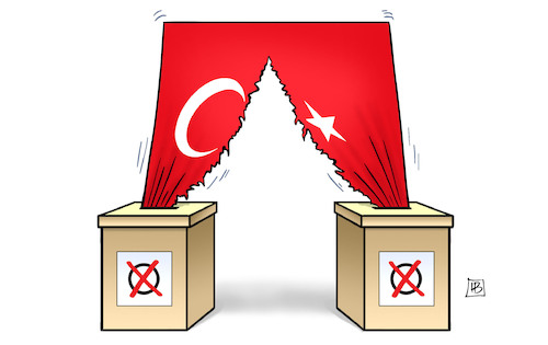 Cartoon: Türkei-Stichwahl (medium) by Harm Bengen tagged türkei,gespalten,wahl,wahlurne,fahne,stichwahl,erdogan,kilicdaroglu,harm,bengen,cartoon,karikatur,türkei,gespalten,wahl,wahlurne,fahne,stichwahl,erdogan,kilicdaroglu,harm,bengen,cartoon,karikatur