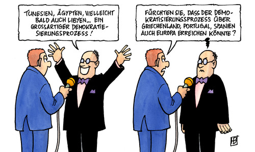 Cartoon: Tunesien-Ägypten (medium) by Harm Bengen tagged tunesien,ägypten,libyen,proteste,demonstrationen,niederschlagung,demokratie,portugal,giechenland,spanien,tunesien,ägypten,libyen,proteste,demonstrationen,niederschlagung,demokratie,portugal,giechenland,spanien