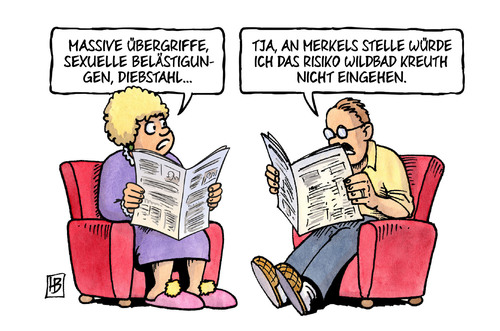 Cartoon: Übergriffe (medium) by Harm Bengen tagged übergriffe,sexuelle,belästigung,diebstahl,raub,köln,merkel,bundeskanzlerin,risiko,wildbad,kreuth,klausurtagung,csu,cdu,harm,bengen,cartoon,karikatur,übergriffe,sexuelle,belästigung,diebstahl,raub,köln,merkel,bundeskanzlerin,risiko,wildbad,kreuth,klausurtagung,csu,cdu,harm,bengen,cartoon,karikatur