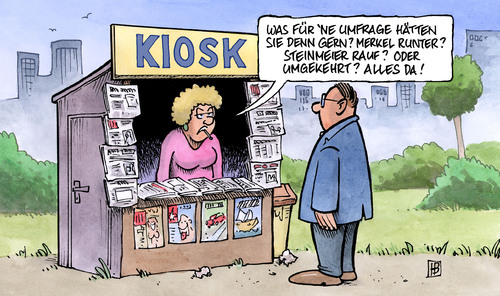 Cartoon: Umfragen (medium) by Harm Bengen tagged umfragen,umfrage,wahl,bundestagswahl,wahlkampf,meinungsforschung,spd,cdu,fpd,grüne,linke,csu,steinmeier,merkel,umfragen,umfrage,kiosk,wahl,wahlen,wahlkampf,bundestagswahl,meinungsforschung,forschung,spd,cdu,fpd,grüne,linke