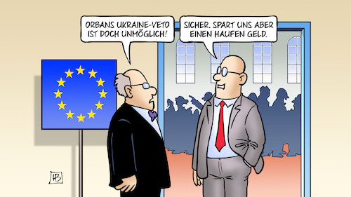 Cartoon: Ungarns Ukraine-Veto (medium) by Harm Bengen tagged orban,ungarn,eu,europa,gipfel,beitrittsverhandlungen,beitrittsgespräche,ukraine,krieg,korruption,veto,sparen,geld,harm,bengen,cartoon,karikatur,orban,ungarn,eu,europa,gipfel,beitrittsverhandlungen,beitrittsgespräche,ukraine,krieg,korruption,veto,sparen,geld,harm,bengen,cartoon,karikatur