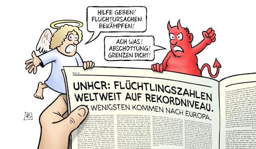 Cartoon: UNHCR-Zahlen (medium) by Harm Bengen tagged unhcr,zahlen,hilfe,fluchtursachen,flüchtlinge,abschottung,grenzen,rekordniveau,europa,engel,teufel,lesen,harm,bengen,cartoon,karikatur,unhcr,zahlen,hilfe,fluchtursachen,flüchtlinge,abschottung,grenzen,rekordniveau,europa,engel,teufel,lesen,harm,bengen,cartoon,karikatur