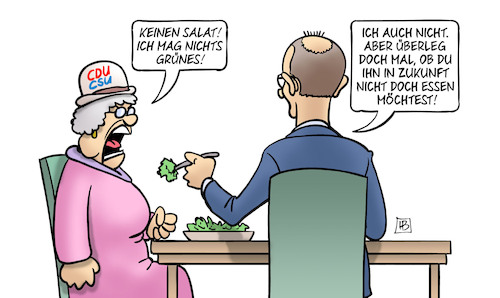 Cartoon: Union will kein Grün (medium) by Harm Bengen tagged salat,grünes,cdu,csu,union,merz,koalitonsoptionen,essen,füttern,harm,bengen,cartoon,karikatur,salat,grünes,cdu,csu,union,merz,koalitonsoptionen,essen,füttern,harm,bengen,cartoon,karikatur