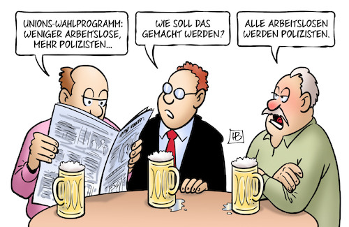 Cartoon: Unions-Wahlprogramm (medium) by Harm Bengen tagged union,wahlprogramm,cdu,csu,arbeitslose,polizisten,bundestagswahl,stammtisch,harm,bengen,cartoon,karikatur,union,wahlprogramm,cdu,csu,arbeitslose,polizisten,bundestagswahl,stammtisch,harm,bengen,cartoon,karikatur